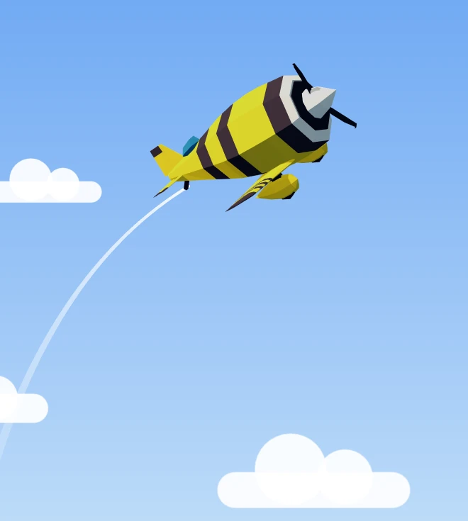 The yellow and black Bumblebee plane climbing among the clouds
